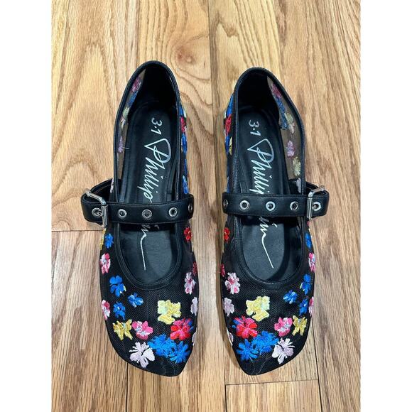 3.1 Phillip Lim Flowerworks Floral Embroidered Mesh Mary Jane Flats - Picture 1 of 12